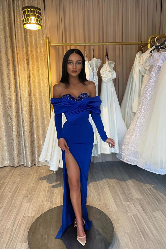 Gorgeous Royal Blue Sweetheart Mermaid Prom Dress Sequins With Split Long Sleeves