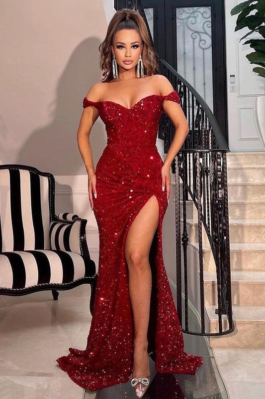 Classy Off-the-Shoulder Burgundy Prom Dress Mermaid Sequins With Slit