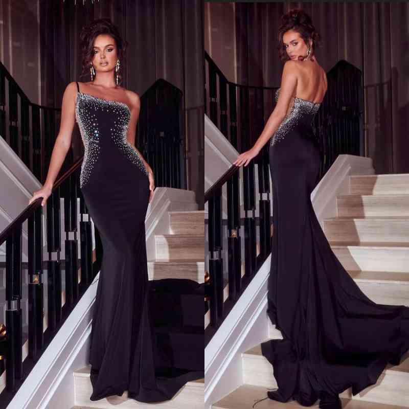 Classic One Shoulder Black Prom Dress Mermaid Long With Beads