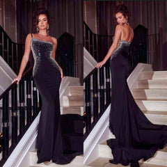 Classic One Shoulder Black Prom Dress Mermaid Long With Beads