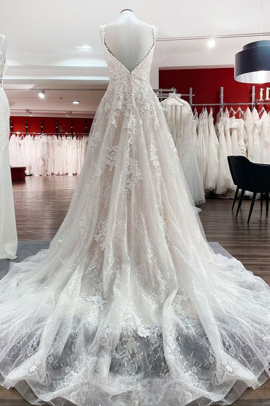 Elegant V-Neck A-Line Wedding Gown with Long Ruffles and Open Back in Tulle Lace