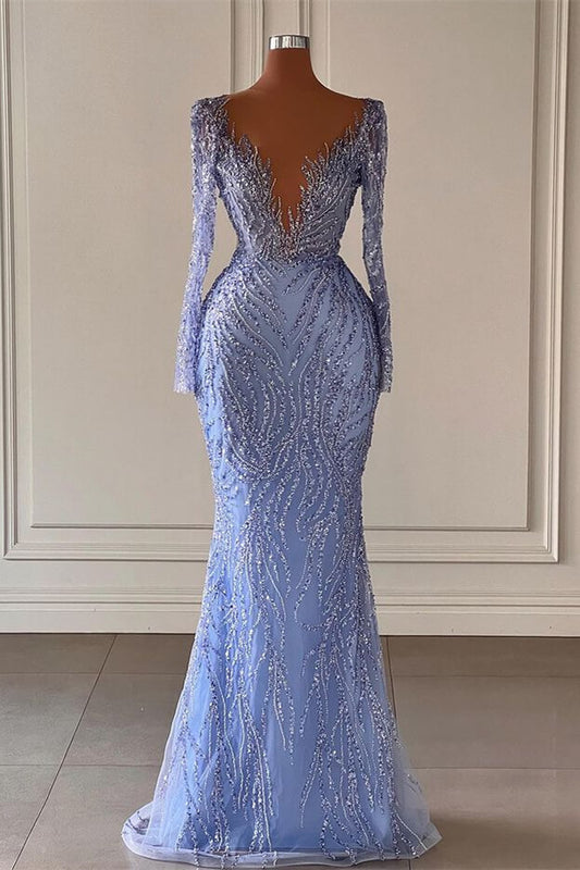 Gorgeous Long Sleeves Mermaid Prom Dress Beadings V-Neck Sheer