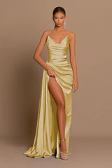 Elegant Dusty Blue Prom Dress Long V Neck Dress With Slit Pleated