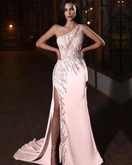 Elegant One-Shoulder Applique Prom Dress Mermaid Split