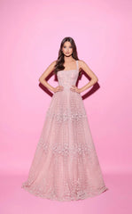 Pink A-Line Long Prom Dress Sleeveless with Lace Appliques