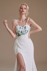 Elegant Satin Mermaid Wedding Gown with Spaghetti Straps, Open Back, and Slit