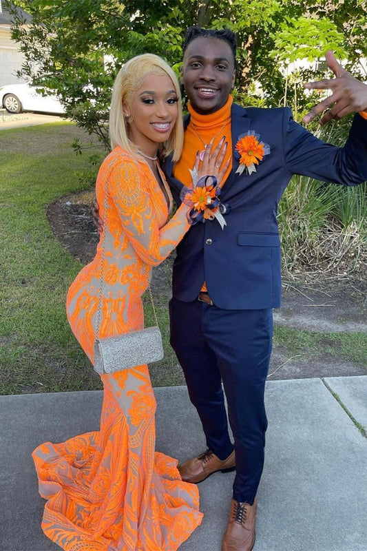 Fabulous Orange V-Neck Long Sleeves Prom Dress Mermaid Lace Party Gowns