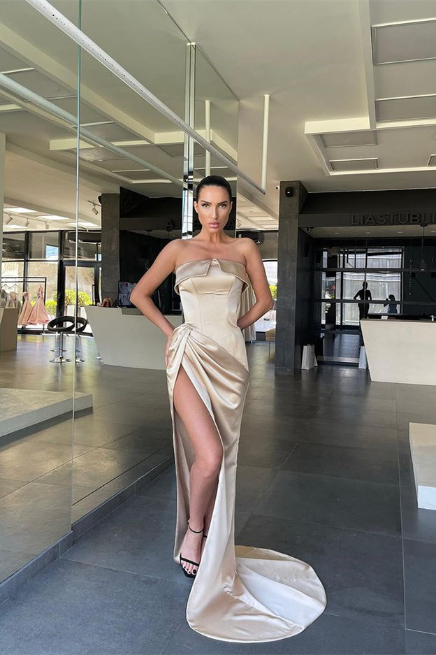 Modern Strapless Mermaid Prom Dress Slit Long Party Gowns On Sale