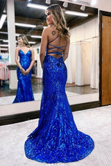 Royal Blue Sequin Prom Dress V Neck Backless