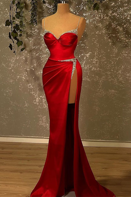 Beautiful Burgundy Spaghetti-Straps Mermaid prom Dress Split With Beads
