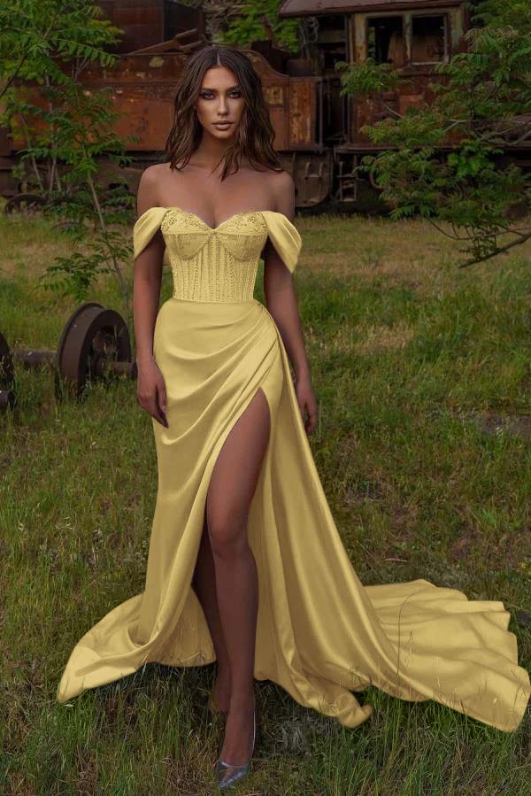  Off-the-Shoulder Beaded Prom Dress Sweetheart Mermaid Split Dress