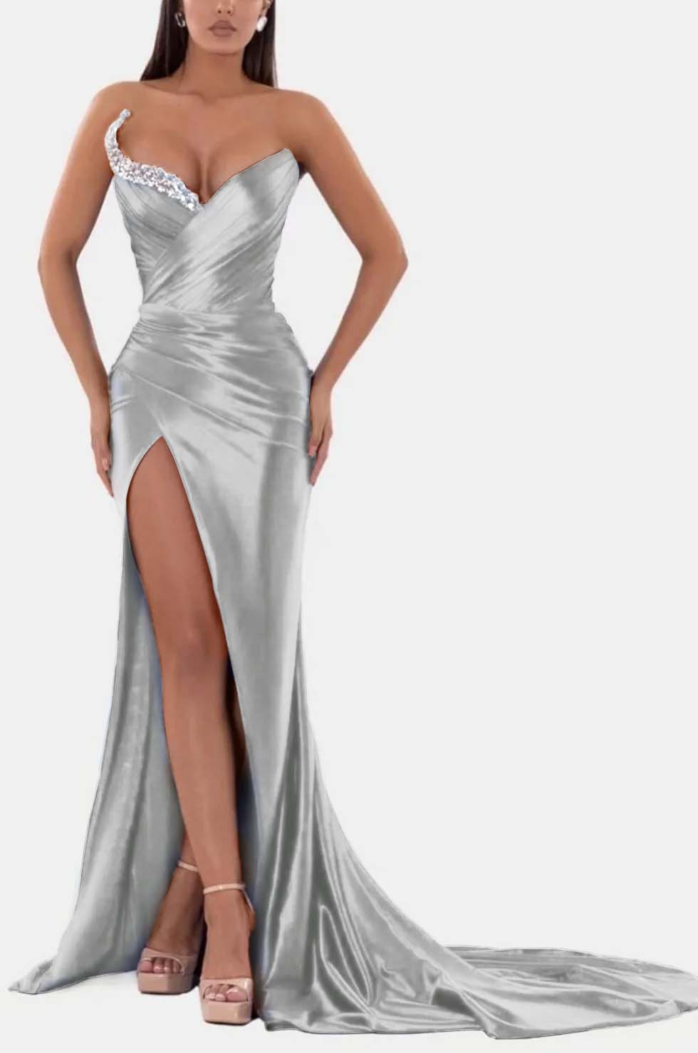 Royal Blue Prom Dress V Neck With High Slit Pleated Strapless Sleeveless