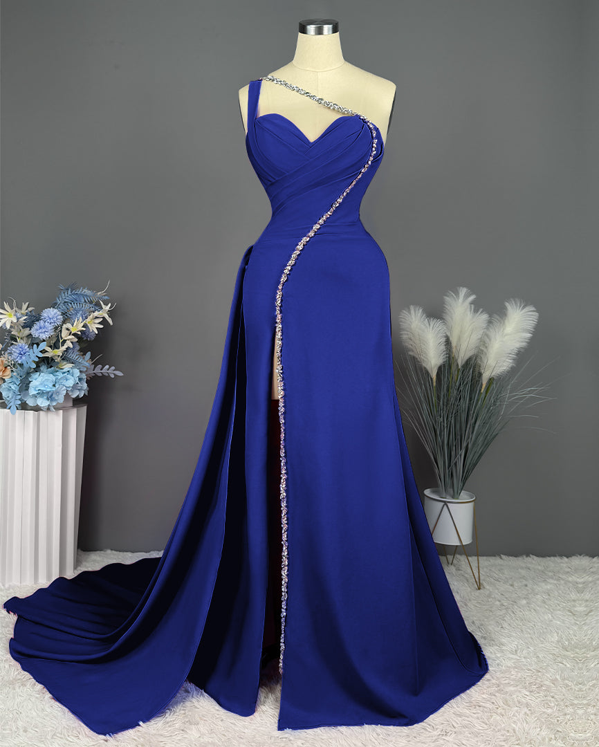 Fuchsia Evening Dress Long One Shoulder With Slit Pleated Beadings
