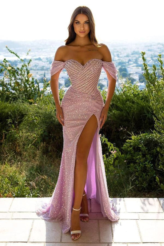 Modern Off-the-Shoulder Sequins Mermaid Prom Dress Split