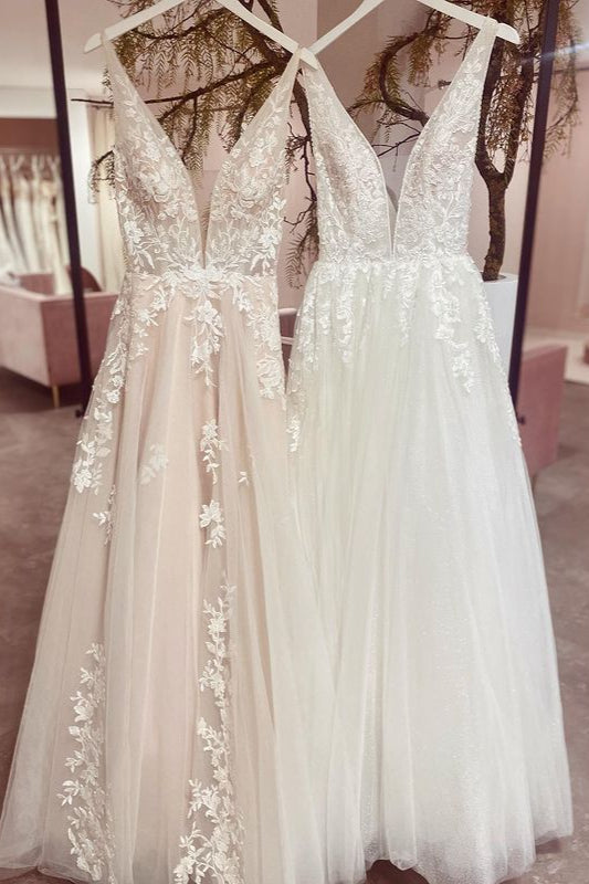 Elegant A-line V-neck Backless Lace Bridal Gown Featuring Tulle