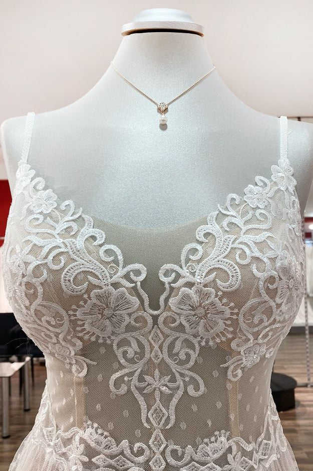 Elegant V-neck A-line Long Wedding Dress with Open Back and Tulle Lace