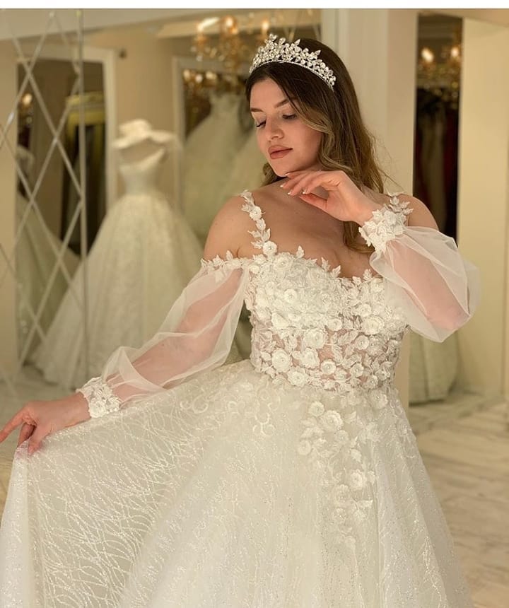 Sweetheart Long Sleeve A-line Wedding Dress with Spaghetti Straps and Glitter