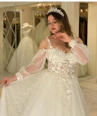 Sweetheart Long Sleeve A-line Wedding Dress with Spaghetti Straps and Glitter