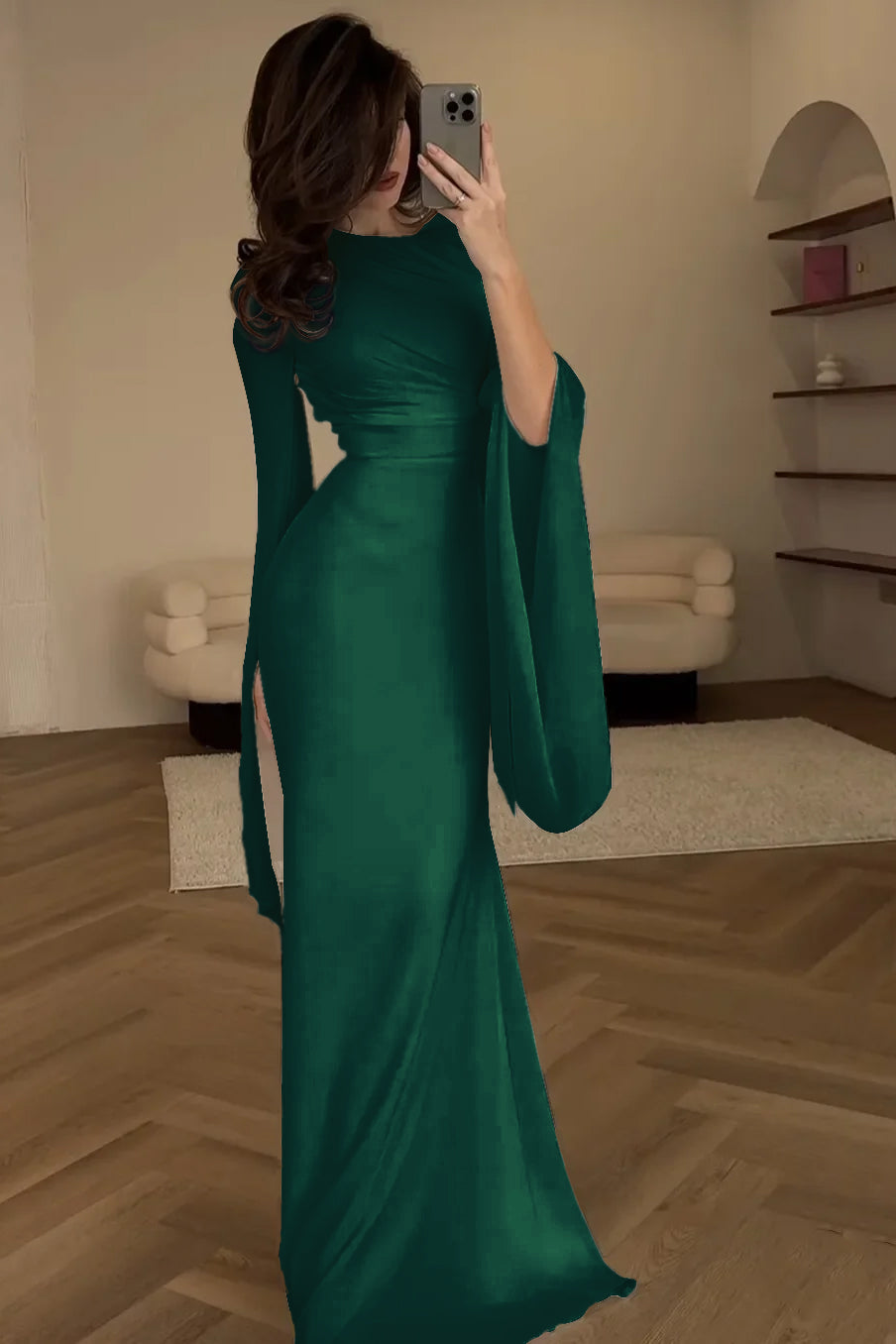 Elegant Ivory Evening Dress Chiffon Long Sleeves Mermaid Dress