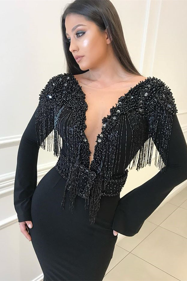 Gorgeous Black V-Neck Long Sleeves Mermaid Prom Dress Open Back With Tassels