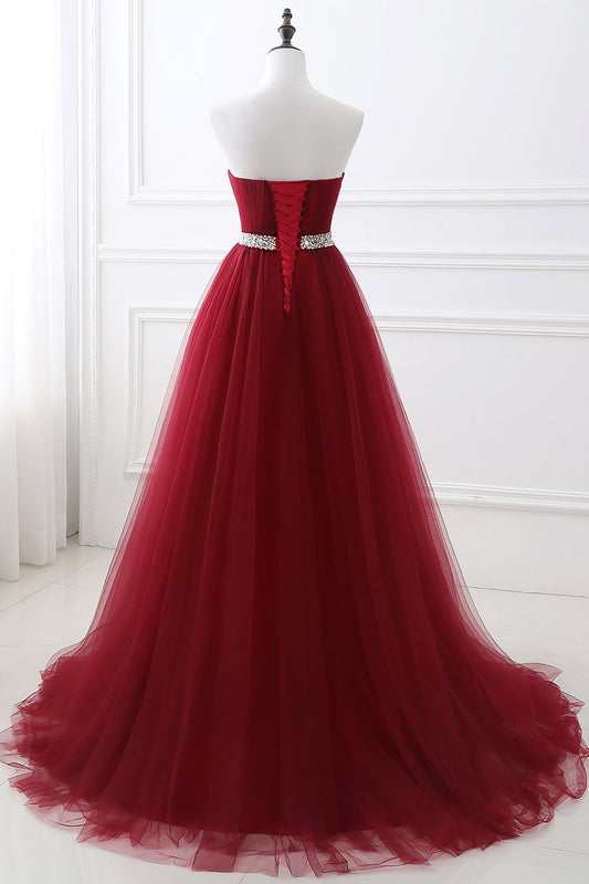 Burgundy Sweetheart Tulle Long prom Dress Crystal