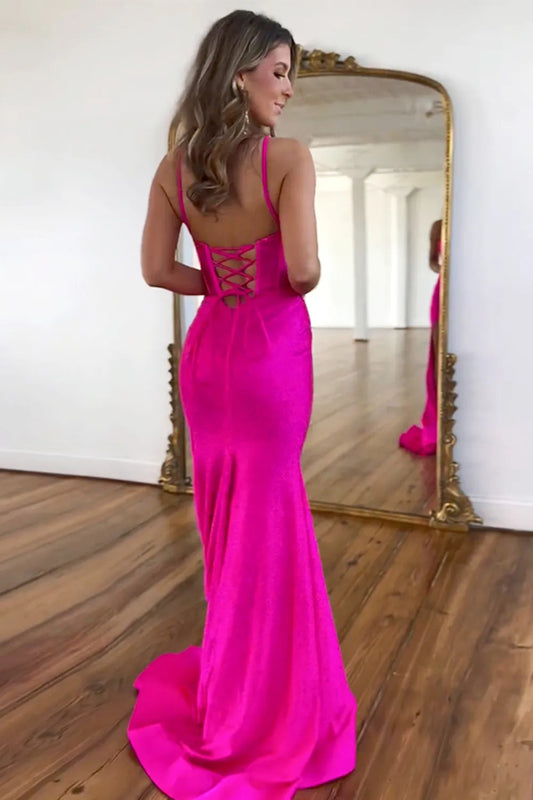 Sparkly Fuchsia Prom Dress Spaghetti Straps Lace Up Long Beaded With Slit