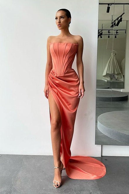 Amazing Strapless Long Prom Dress Split Evening Party Gowns
