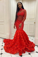 Chic High Neck Long Sleeves Mermaid Prom Dress Flowers Botton With Beads