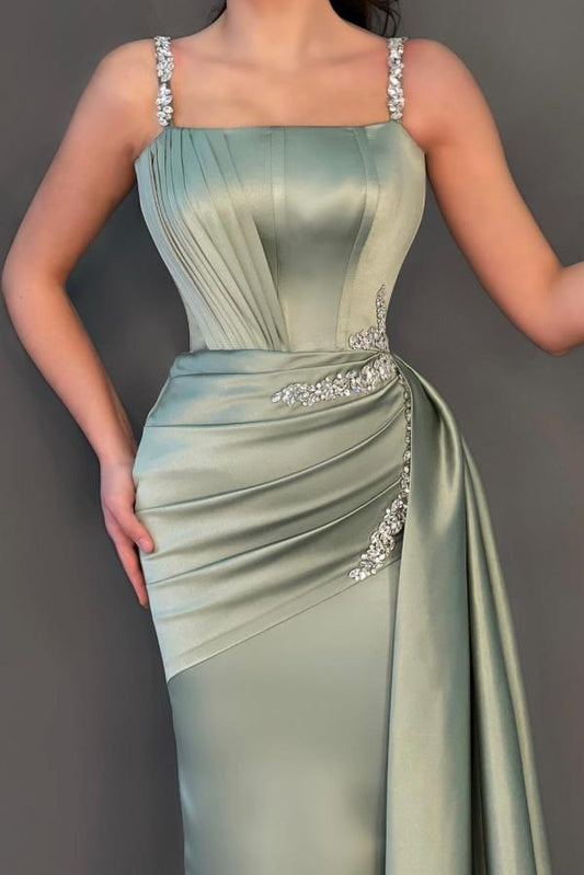Chic Dusty Sage Straps Square Prom Dress Mermaid Sleeveless With Beads