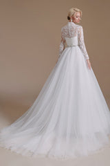 Elegant A-line Wedding Gown with High Neck, Long Sleeves, and Tulle Lace