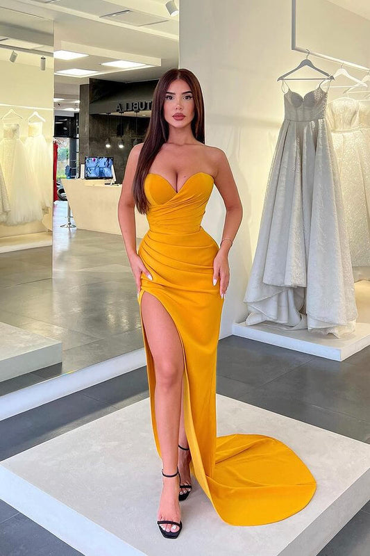 New Arrival Sweetheart Pleated Mermaid Prom Dress Split Long