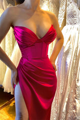 New Arrival Fuchsia V-Neck Sleeveless Mermaid Prom Dress Pleats With Split