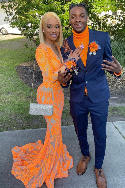 Fabulous Orange V-Neck Long Sleeves Prom Dress Mermaid Lace Party Gowns