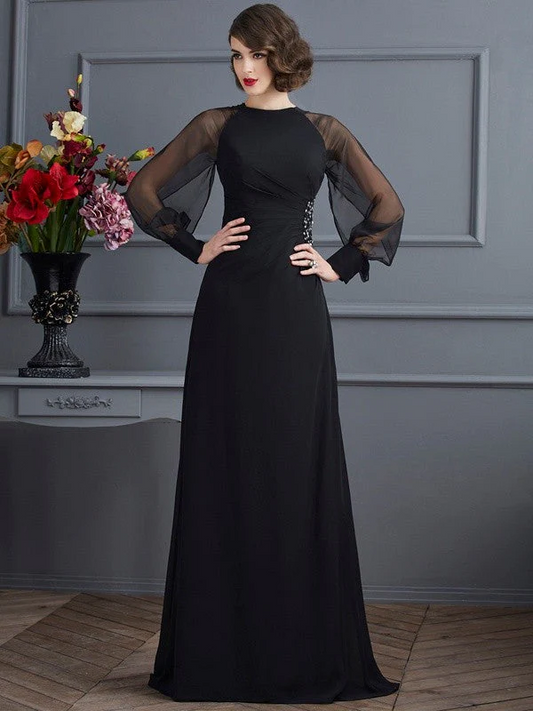Black Long A-Line Beaded Prom Dress with Lace
