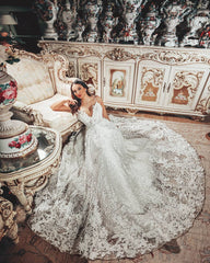 Long A-line Vintage V-neck Wedding Dress Featuring 3D Floral Lace