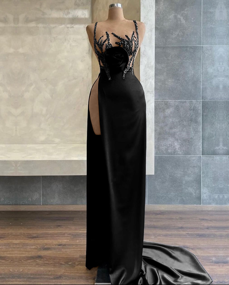 Black Spaghetti-Strap Beadings Sequins Mermaid Evening Dress with Slit