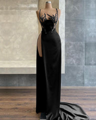 Black Spaghetti-Strap Beadings Sequins Mermaid Evening Dress with Slit