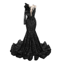 Classic One Shoulder Long Sleeves Prom Dress Mermaid Sequins With Ruffles