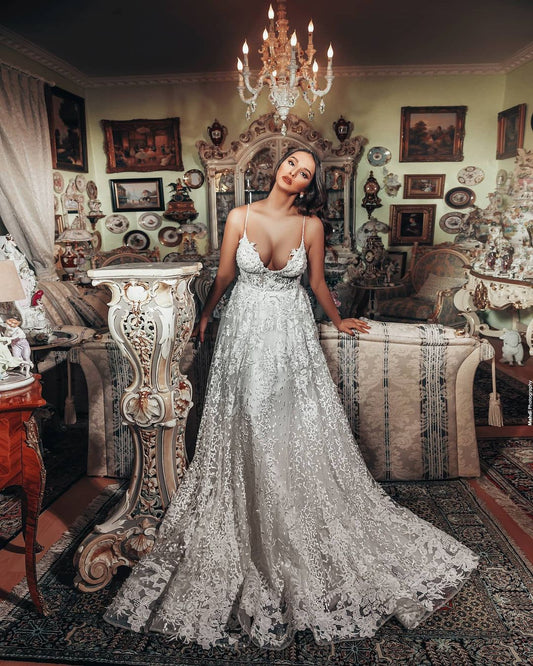 Long A-line Vintage V-neck Wedding Dress Featuring 3D Floral Lace