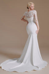 Elegant Long Mermaid Jewel Wedding Dress in Satin Lace With Sleeves