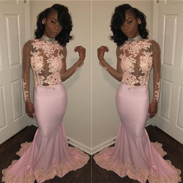 Gorgeous High Neck Long Sleeves Pink Prom Dress Lace Appliques Mermaid Party Gowns