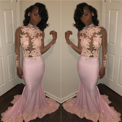 Gorgeous High Neck Long Sleeves Pink Prom Dress Lace Appliques Mermaid Party Gowns