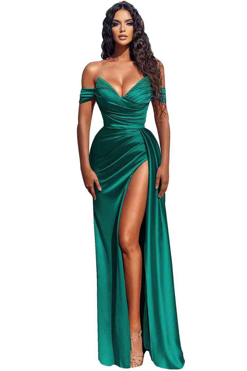 Modern Off-the-Shoulder Dusty Blue Mermaid Prom Dress With Slit