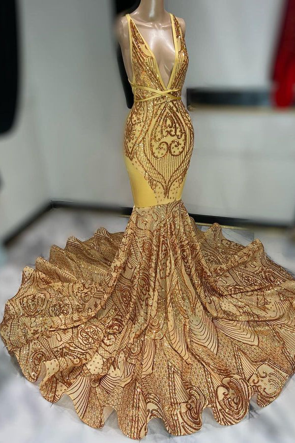 Classy Gold V-Neck Sequins Prom Dress Mermaid Sleeveless Long