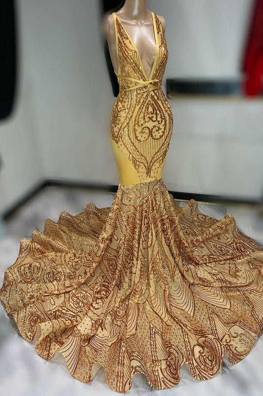 Classy Gold V-Neck Sequins Prom Dress Mermaid Sleeveless Long