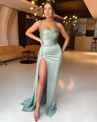 Elegant Dusty Sage Sleeveless Mermaid Strapless Prom Dress Split with Ruffle