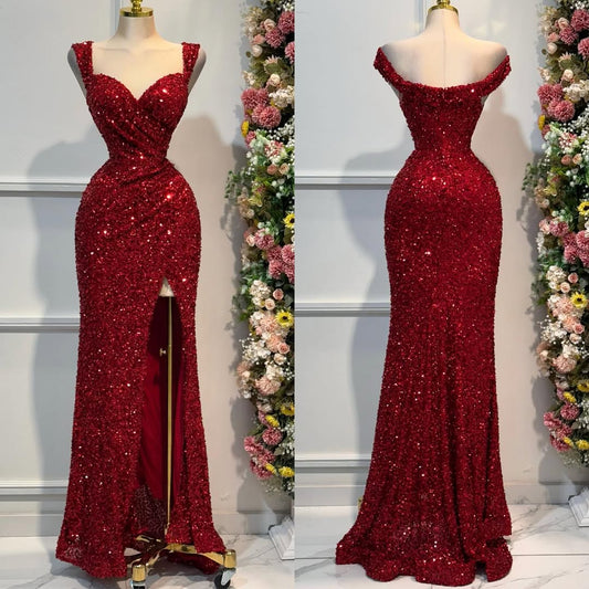 Stunning Burgundy Straps Sweetheart Mermaid Prom Dress Sequins Long With Split