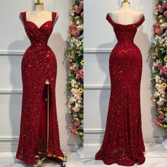 Stunning Burgundy Straps Sweetheart Mermaid Prom Dress Sequins Long With Split