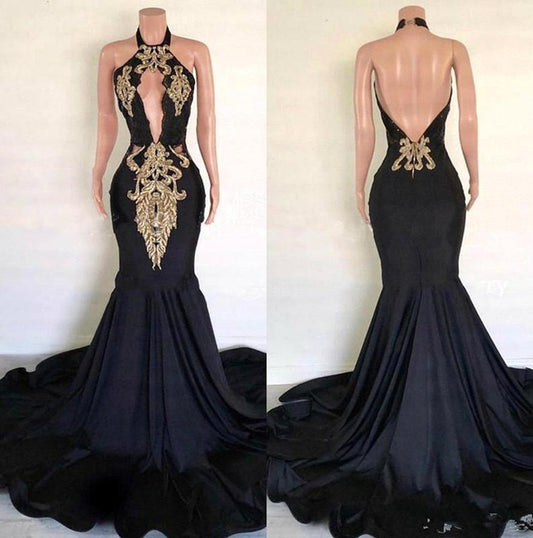 Glamorous Black Backless Mermaid Prom Dress With Gold Appliques