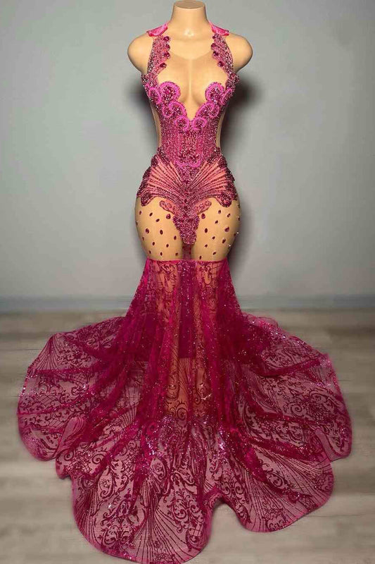 Stunning Fuchsia Sleeveless Prom Dress Mermaid Sequins Beadings Long